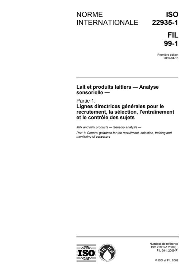 ISO 22935-1:2009 - Lait et produits laitiers -- Analyse sensorielle