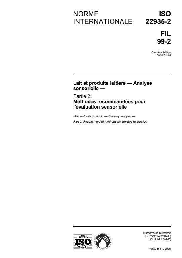 ISO 22935-2:2009 - Lait et produits laitiers -- Analyse sensorielle