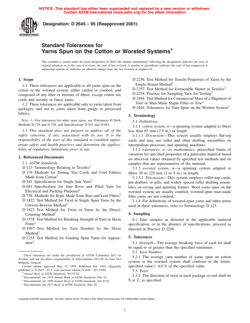 ASTM D2645-95(2001) - Standard Tolerances for Yarns Spun on the Cotton or Worsted Systems