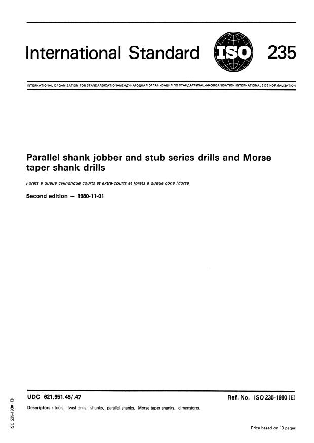 ISO 235:1980 - Parallel shank jobber and stub series drills and Morse taper shank drills