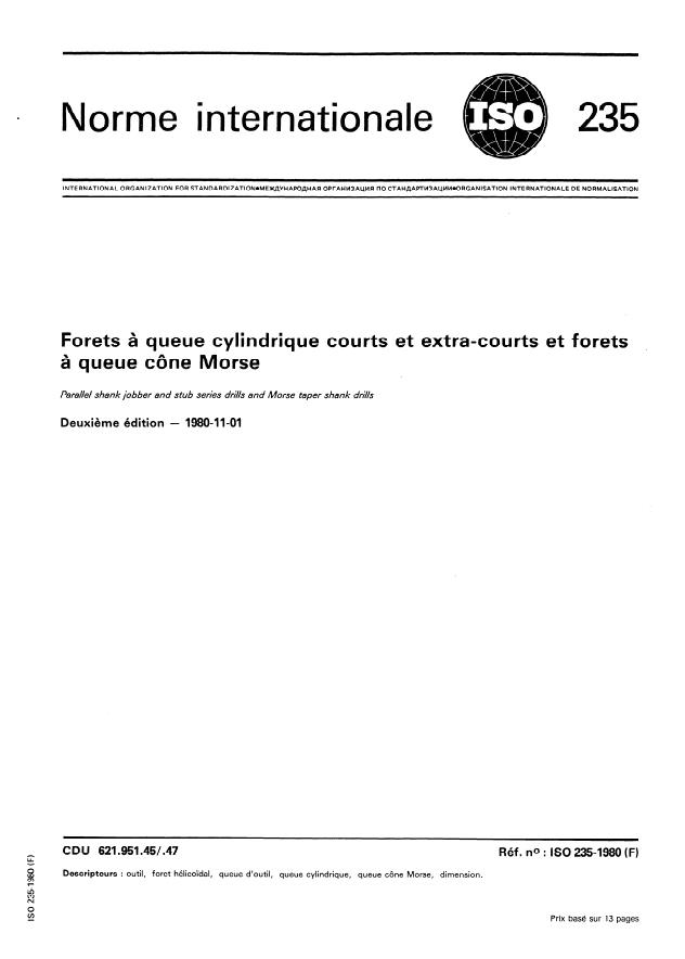 ISO 235:1980 - Forets a queue cylindrique courts et extra-courts et forets a queue cône Morse
