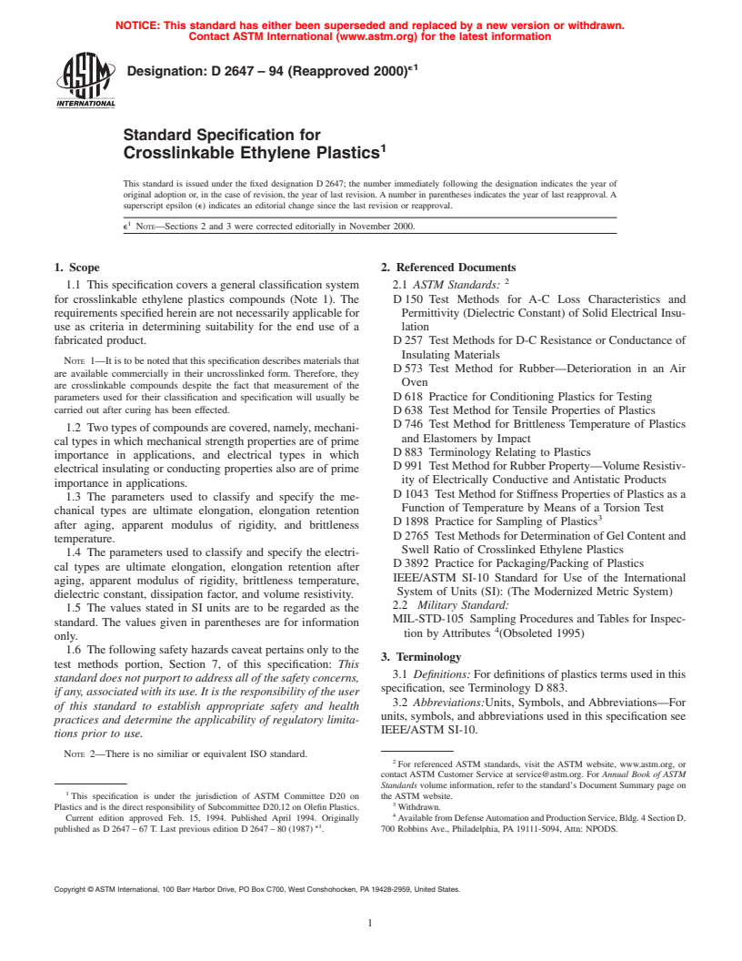 ASTM D2647-94(2000)e1 - Standard Specification for Crosslinkable Ethylene Plastics