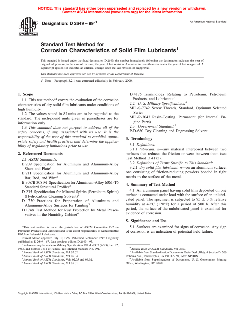 ASTM D2649-99e1 - Standard Test Method for Corrosion Characteristics of Solid Film Lubricants