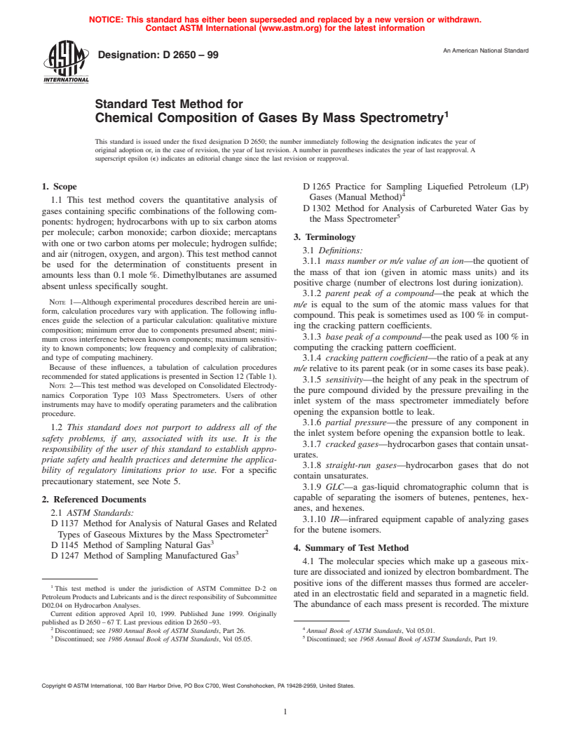 ASTM D2650-99 - Standard Test Method for Chemical Composition of Gases By Mass Spectrometry