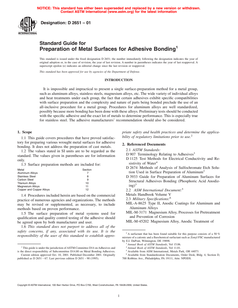 ASTM D2651-01 - Standard Guide for Preparation of Metal Surfaces for Adhesive Bonding