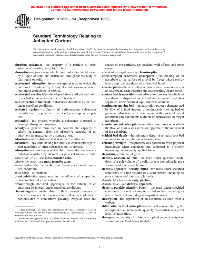 ASTM D2652-94(1999) - Standard Terminology Relating to Activated Carbon