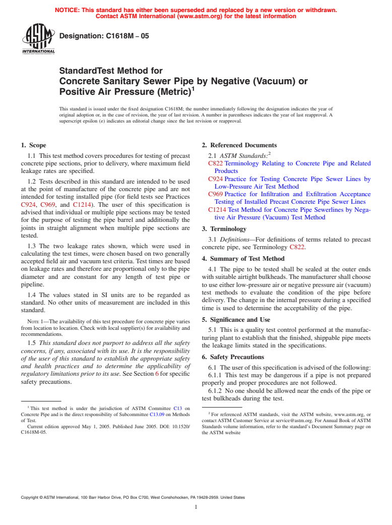 ASTM C1618M-05 - Standard Test Method for Concrete Sanitary Sewer Pipe by Negative (Vacuum) or Positive Air Pressure (Metric)