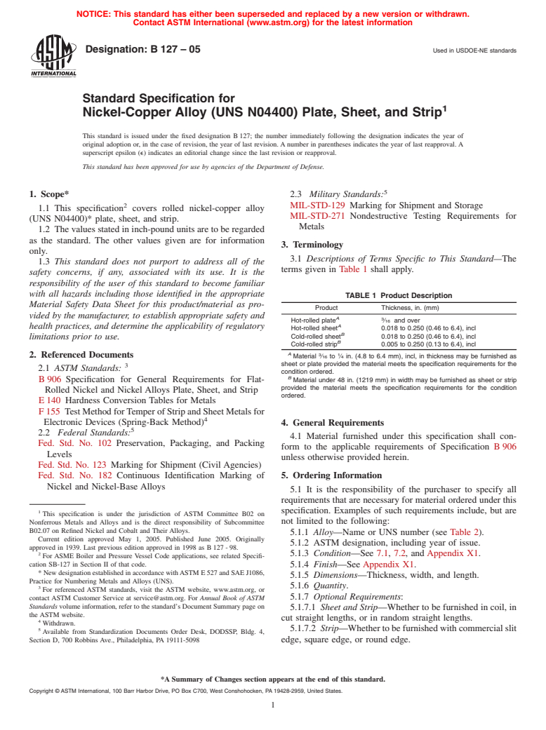 ASTM B127-05 - Standard Specification for Nickel-Copper Alloy (UNS N04400) Plate, Sheet, and Strip