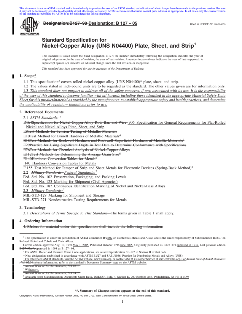 REDLINE ASTM B127-05 - Standard Specification for Nickel-Copper Alloy (UNS N04400) Plate, Sheet, and Strip