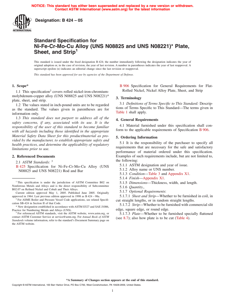 ASTM B424-05 - Standard Specification for Ni-Fe-Cr-Mo-Cu Alloy (UNS N08825 and UNS N08221)* Plate, Sheet, and Strip