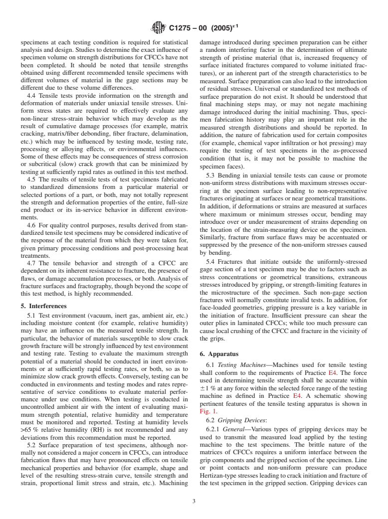 ASTM C1275-00(2005)e1 - Standard Test Method for Monotonic Tensile Behavior of Continuous Fiber-Reinforced Advanced Ceramics with Solid Rectangular Cross-Section Test Specimens at Ambient Temperature