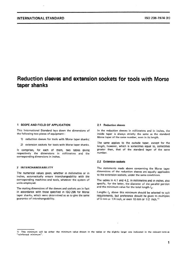 ISO 238:1974 - Reduction sleeves and extension sockets for tools with Morse taper shanks