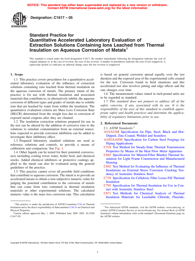 ASTM C1617-05 - Standard Practice for Quantitative Accelerated Laboratory Evaluation of Extraction Solutions Containing Ions Leached from Thermal Insulation on Aqueous Corrosion of Metals