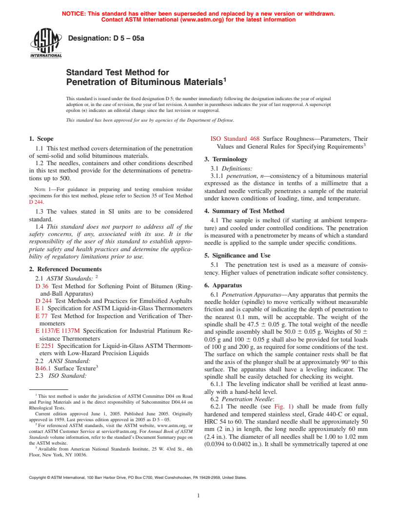 ASTM D5-05a - Standard Test Method for Penetration of Bituminous Materials