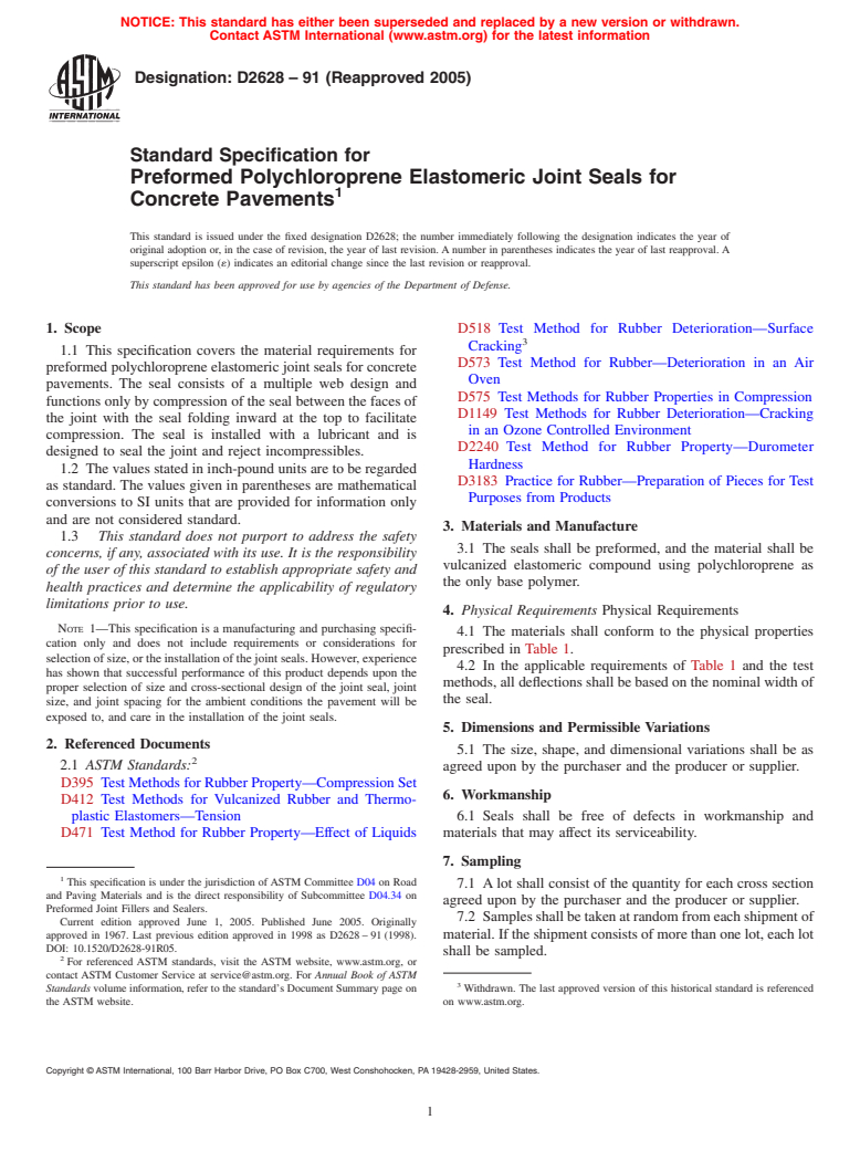 ASTM D2628-91(2005) - Standard Specification for Preformed Polychloroprene Elastomeric Joint Seals for Concrete Pavements