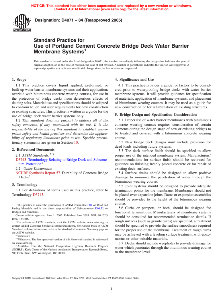 ASTM D4071-84(2005) - Standard Practice for Use of Portland Cement Concrete Bridge Deck Water Barrier Membrane Systems