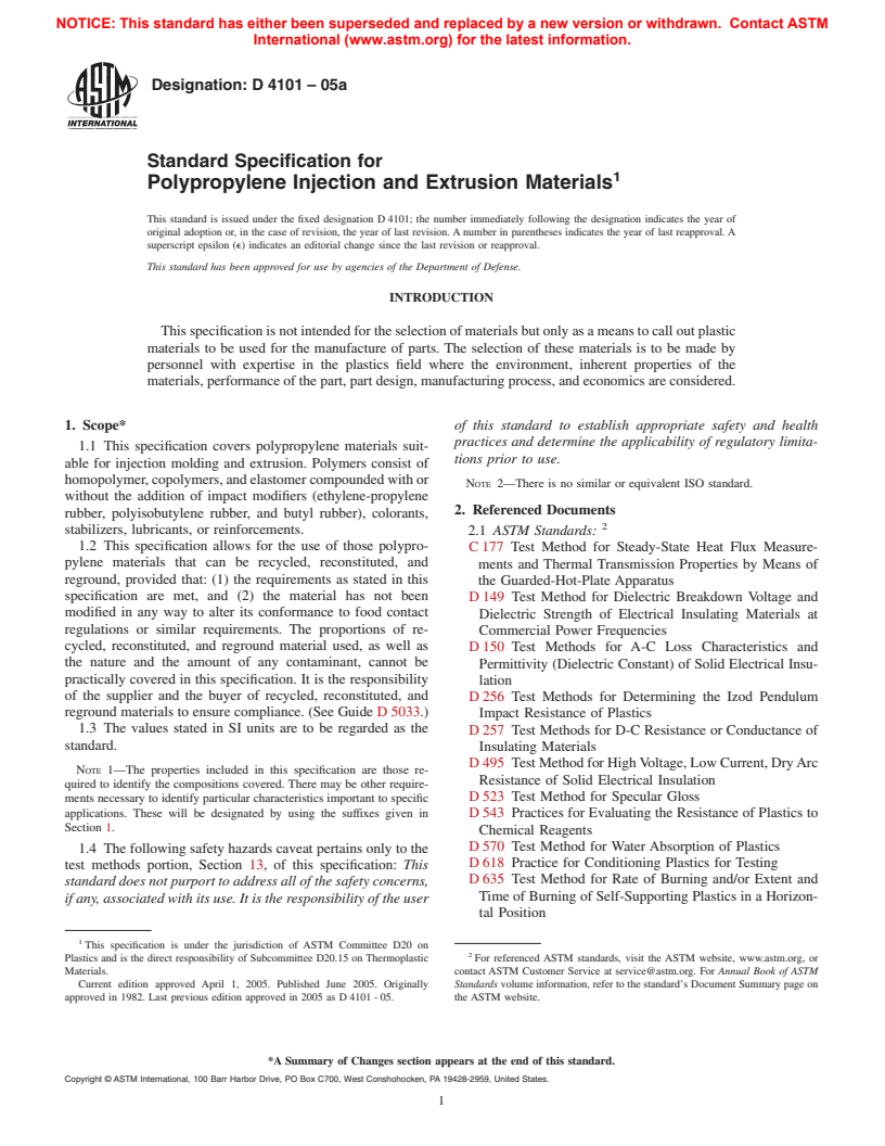 ASTM D4101-05a - Standard Specification for Polypropylene Injection and Extrusion Materials