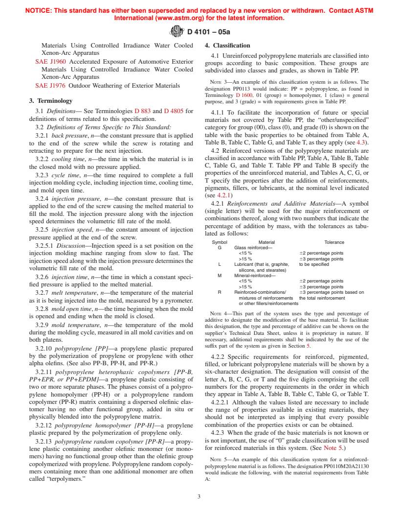 ASTM D4101-05a - Standard Specification for Polypropylene Injection and Extrusion Materials