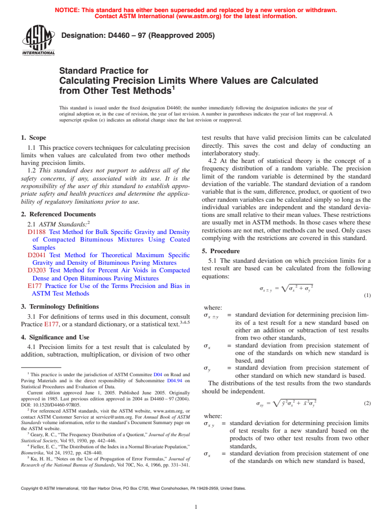 ASTM D4460-97(2005) - Standard Practice for Calculating Precision Limits Where Values are Calculated from Other Test Methods