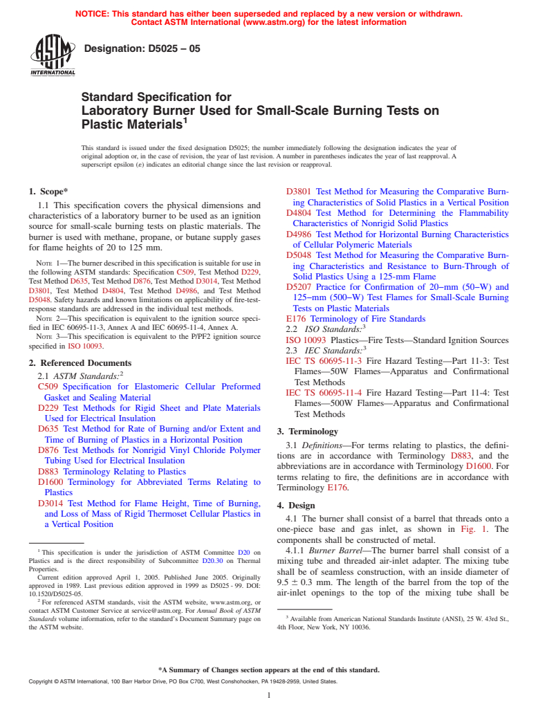ASTM D5025-05 - Standard Specification for Laboratory Burner Used for Small-Scale Burning Tests on Plastic Materials