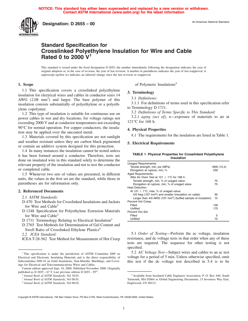 ASTM D2655-00 - Standard Specification for Crosslinked Polyethylene Insulation for Wire and Cable Rated 0 to 2000 V