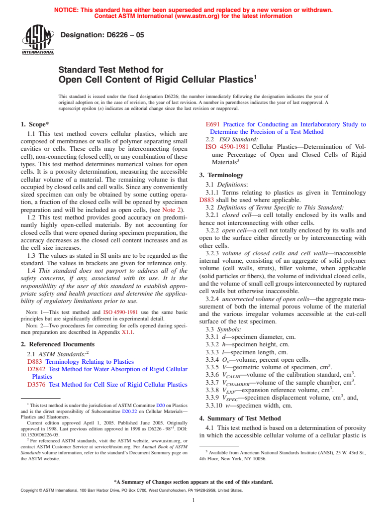 ASTM D6226-05 - Standard Test Method for Open Cell Content of Rigid Cellular Plastics