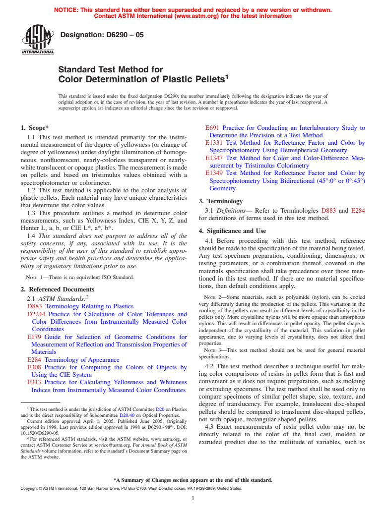 ASTM D6290-05 - Standard Test Method for Color Determination of Plastic Pellets