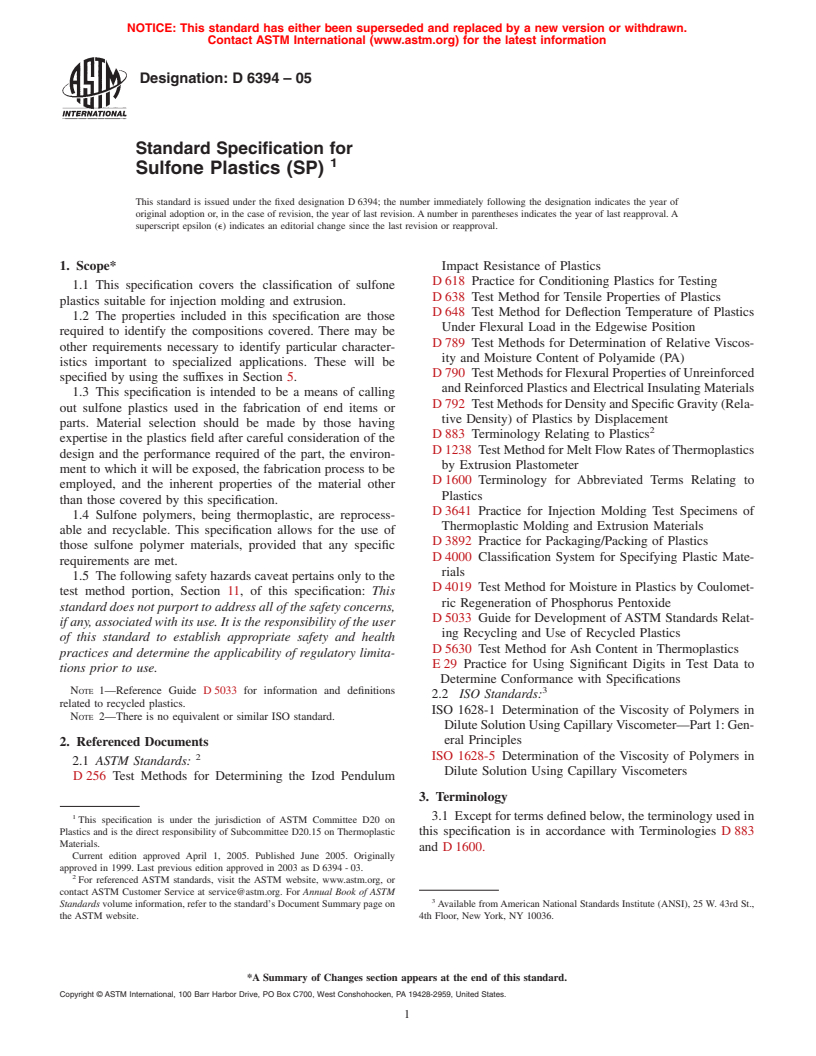 ASTM D6394-05 - Standard Specification for Sulfone Plastics (SP)