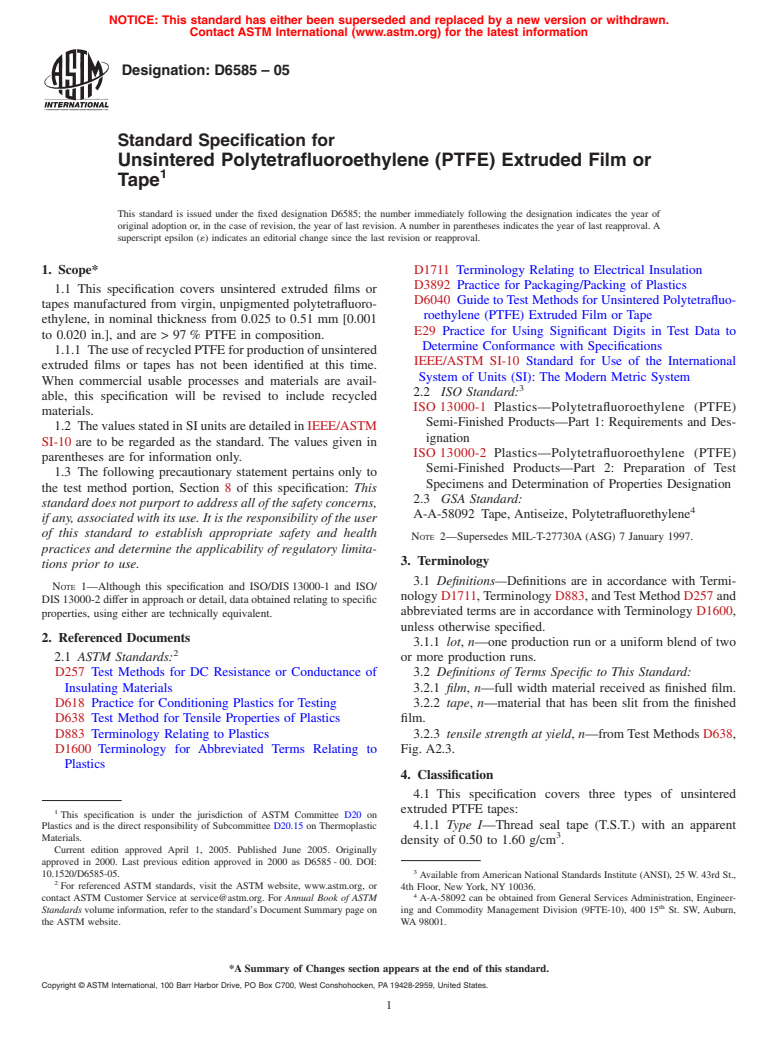 ASTM D6585-05 - Standard Specification for Unsintered Polytetrafluoroethylene (PTFE) Extruded Film or Tape