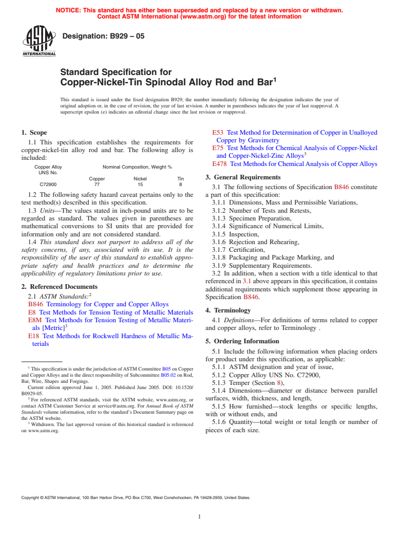 ASTM B929-05 - Standard Specification for Copper-Nickel-Tin Spinodal Alloy Rod and Bar