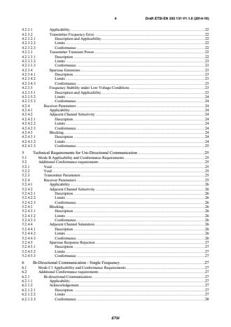 oSIST prEN 303 131 V1.1.0:2014 ETSI EN 303 131 V1.1.0 (2014-10) - Electromagnetic compatibility and Radio spectrum Matters (ERM); Short Range Devices; Wireless alarms with low duty cycle; Harmonized EN covering the essential requirements of article 3.2 of the R&TTE Directive - Page 4 preview