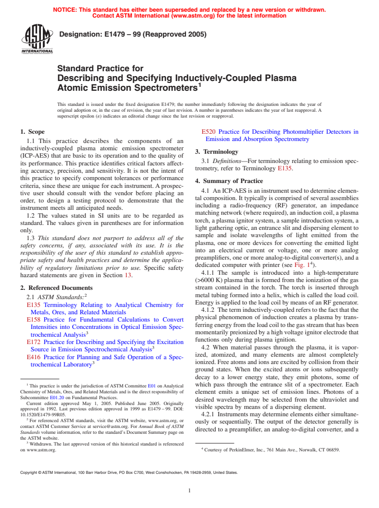 ASTM E1479-99(2005) - Standard Practice for Describing and Specifying Inductively-Coupled Plasma Atomic Emission Spectrometers