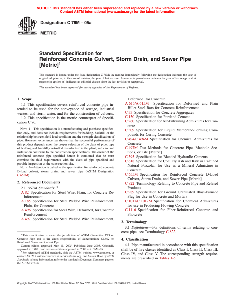 ASTM C76M-05a - Standard Specification for Reinforced Concrete Culvert, Storm Drain, and Sewer Pipe (Metric)