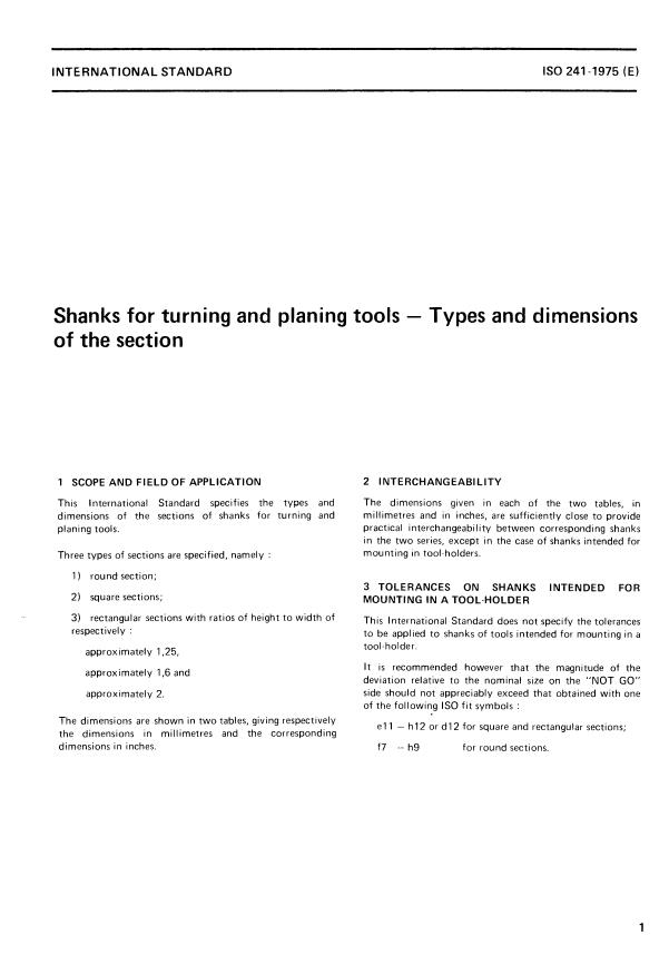 ISO 241:1975 - Shanks for turning and planing tools -- Types and dimensions of the section