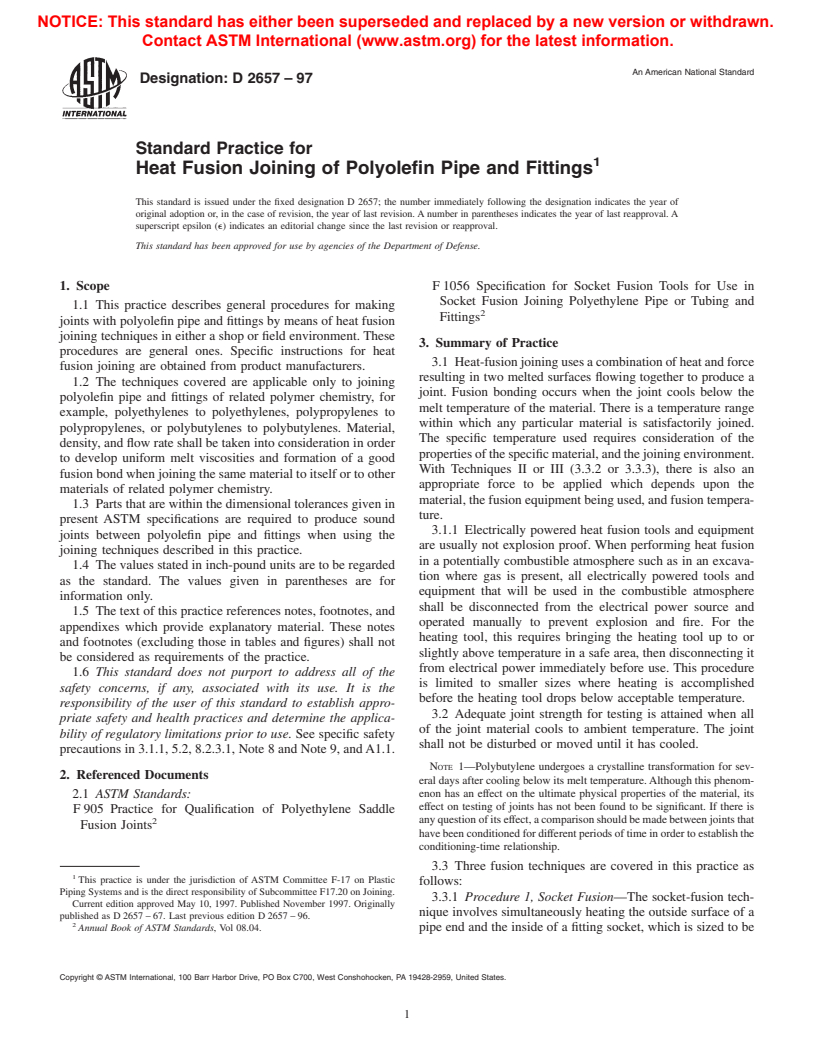 ASTM D2657-97 - Standard Practice for Heat Fusion Joining of Polyolefin Pipe and Fittings