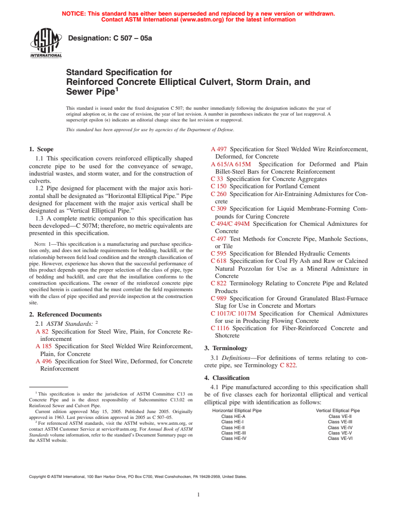 ASTM C507-05a - Standard Specification for Reinforced Concrete Elliptical Culvert, Storm Drain, and Sewer Pipe