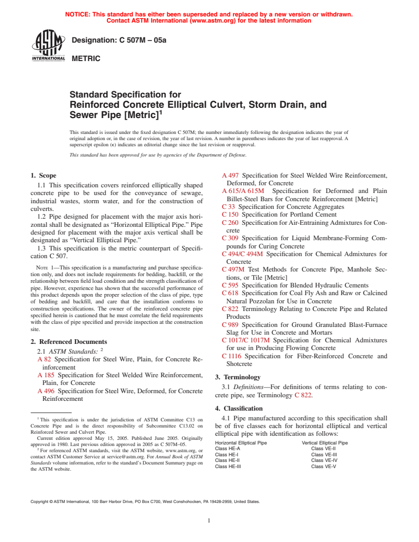 ASTM C507M-05a - Standard Specification for Reinforced Concrete Elliptical Culvert, Storm Drain, and Sewer Pipe (Metric)