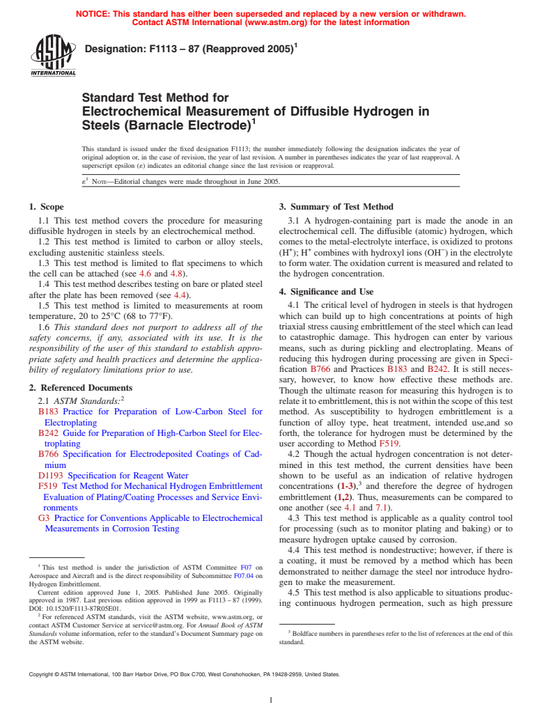 ASTM F1113-87(2005)e1 - Standard Test Method for Electrochemical Measurement of Diffusible Hydrogen in Steels (Barnacle Electrode)