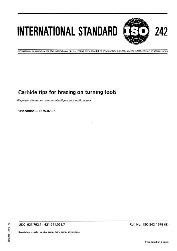 ISO 242:1975 - Carbide tips for brazing on turning tools