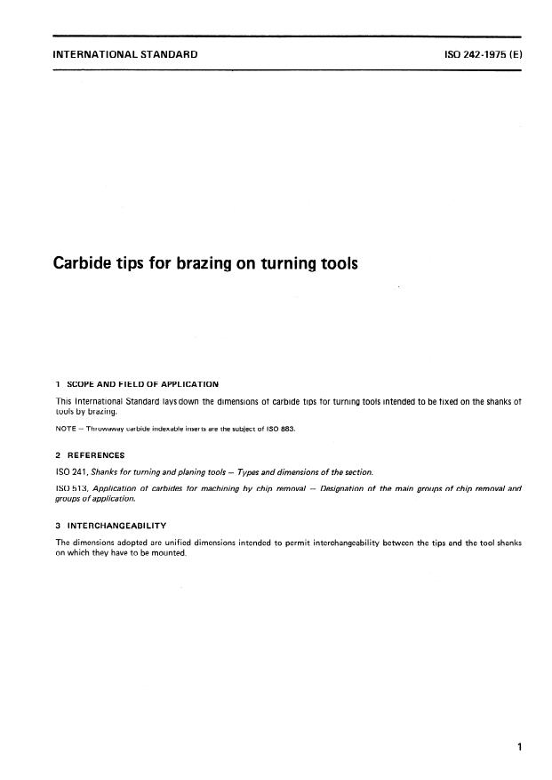 ISO 242:1975 - Carbide tips for brazing on turning tools