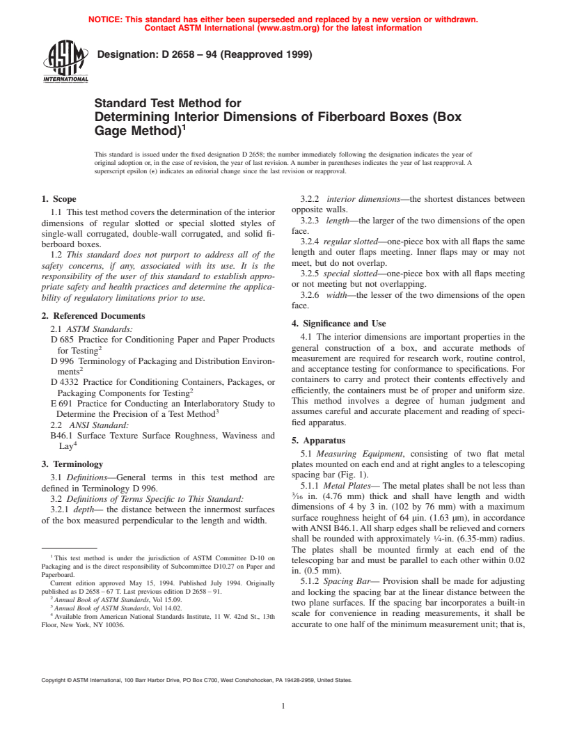 ASTM D2658-94(1999) - Standard Test Method for Determining Interior Dimensions of Fiberboard Boxes (Box Gage Method)