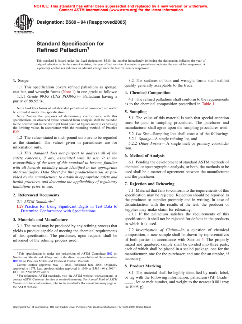 ASTM B589-94(2005) - Standard Specification for Refined Palladium