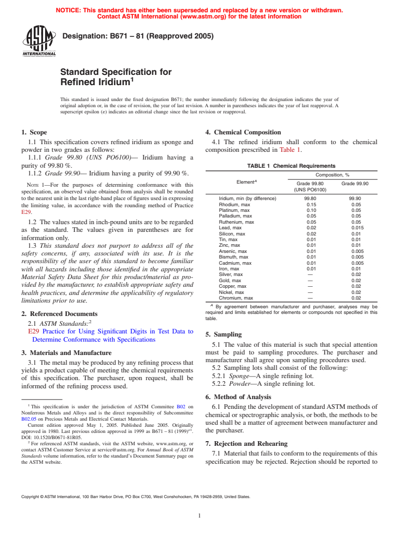 ASTM B671-81(2005) - Standard Specification for Refined Iridium