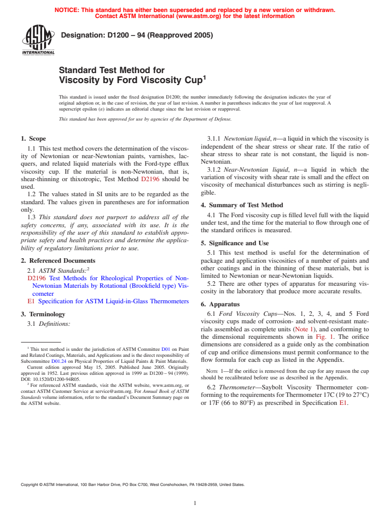 ASTM D1200-94(2005) - Standard Test Method for Viscosity by Ford Viscosity Cup