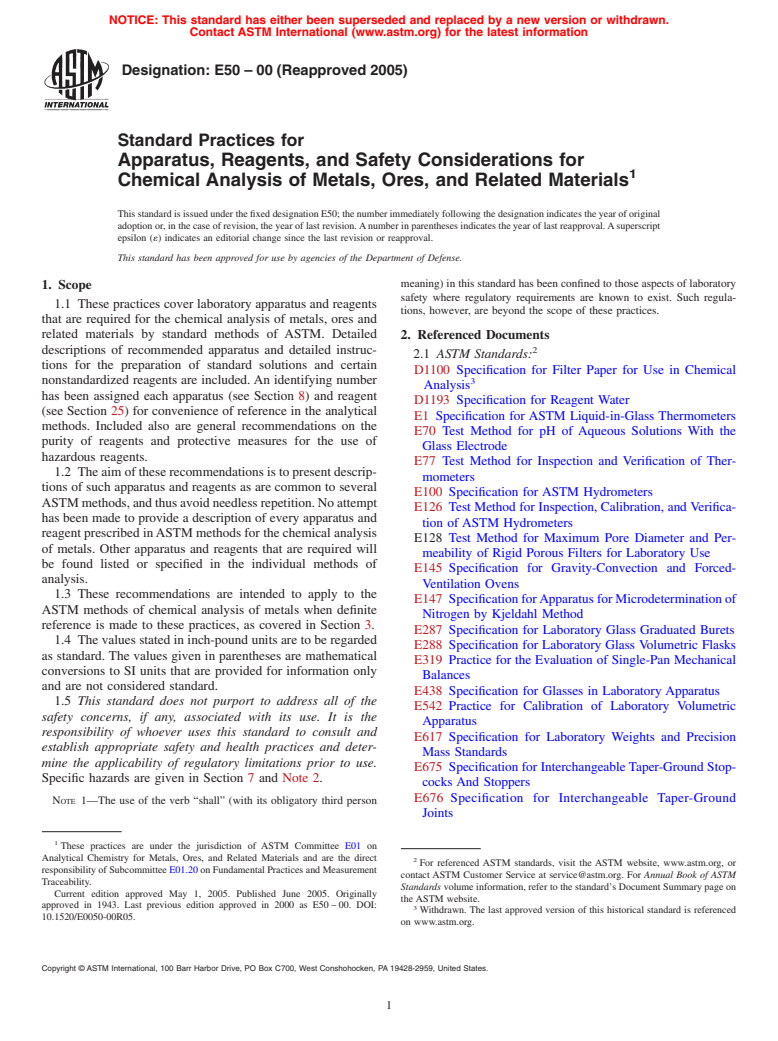 ASTM E50-00(2005) - Standard Practices for Apparatus, Reagents, and Safety Considerations for Chemical Analysis of Metals, Ores, and Related Materials