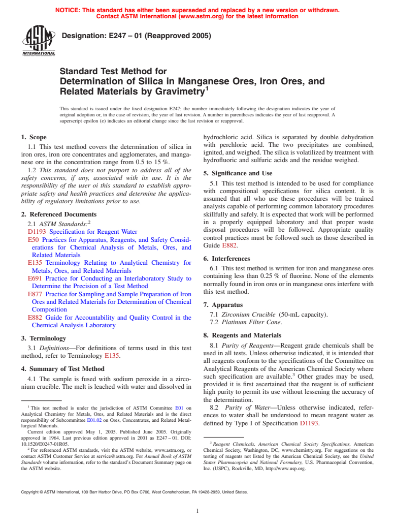 ASTM E247-01(2005) - Standard Test Method for Determination of Silica in Manganese Ores, Iron Ores, and Related Materials by Gravimetry