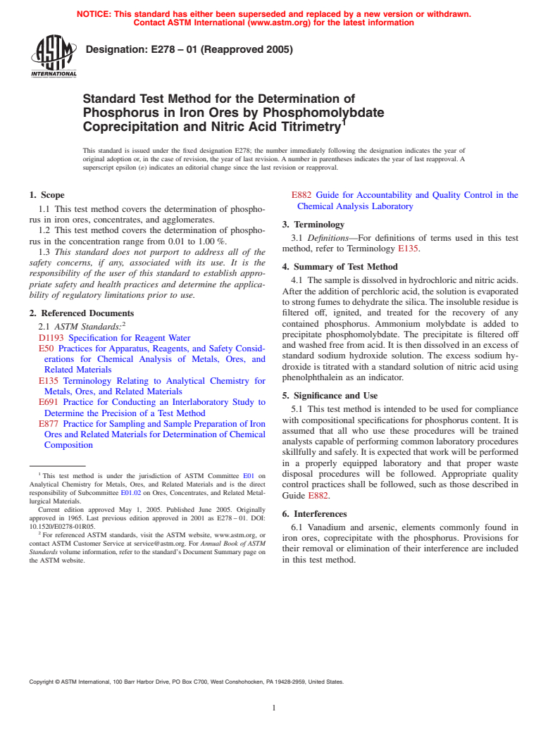 ASTM E278-01(2005) - Standard Test Method for the Determination of Phosphorus in Iron Ores by Phosphomolybdate Coprecipitation and Nitric Acid Titrimetry