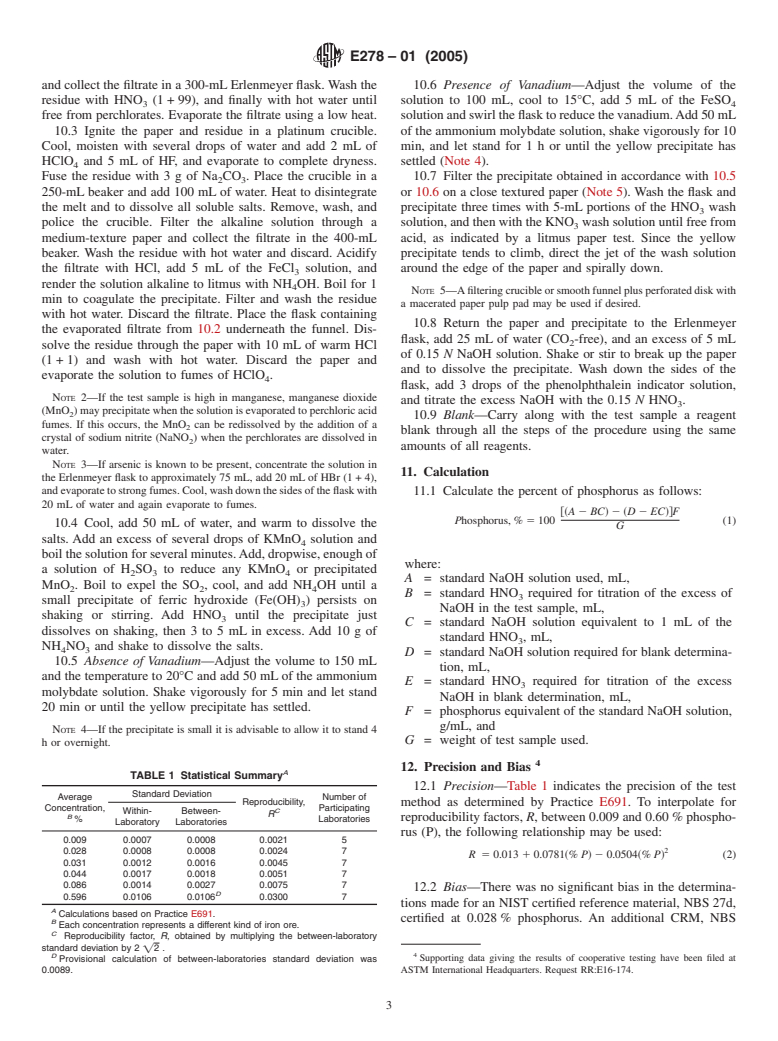 ASTM E278-01(2005) - Standard Test Method for the Determination of Phosphorus in Iron Ores by Phosphomolybdate Coprecipitation and Nitric Acid Titrimetry