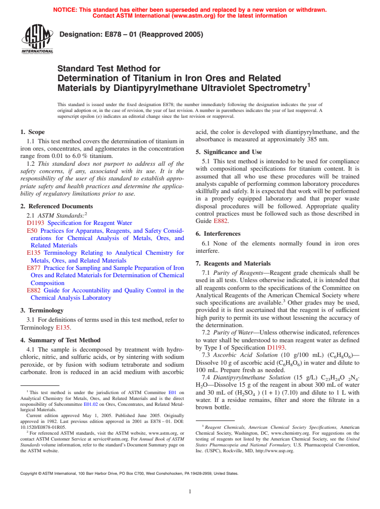 ASTM E878-01(2005) - Standard Test Method for Determination of Titanium in Iron Ores and Related Materials by Diantipyrylmethane Ultraviolet Spectrometry