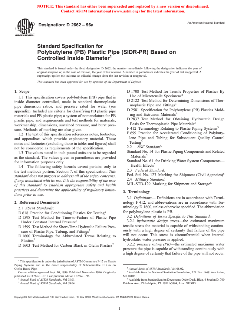 ASTM D2662-96a - Standard Specification for Polybutylene (PB) Plastic Pipe (SIDR-PR) Based on Controlled Inside Diameter (Withdrawn 2003)